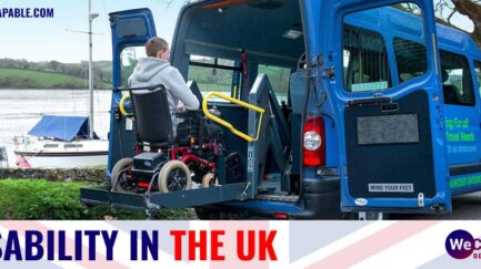 Disability in the United Kingdom (UK). A wheelchair user is getting inside a vehicle using a hydraulic lift.