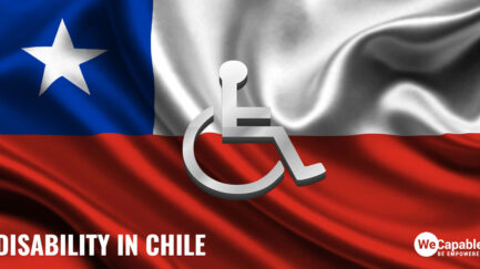 Disability in Chile: the image shows a wheelchair sign on top of Chile flag.