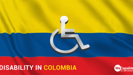 Disability in Colombia: a wheelchair icon on top of the Colombian flag.