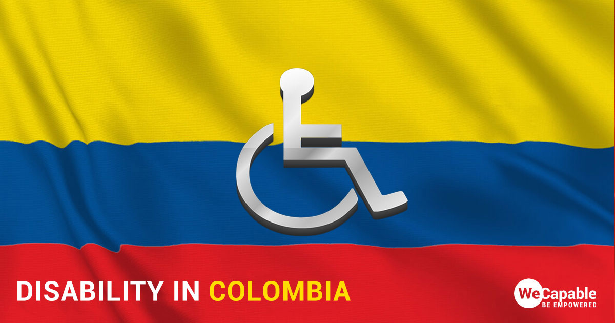 Disability in Colombia: a wheelchair icon on top of the Colombian flag.