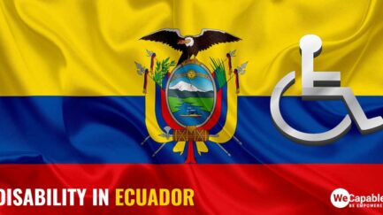 Disability in Ecuador: Image shows a wheelchair sign on top of the Ecuador flag.