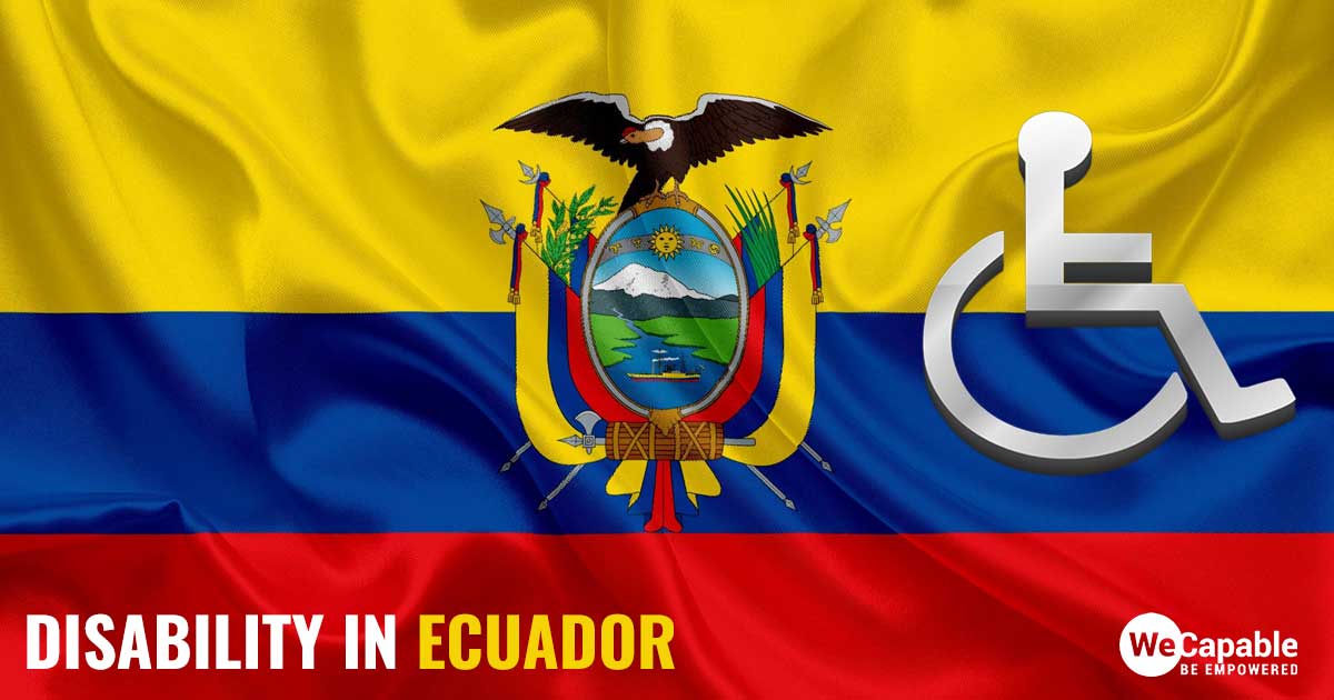 Disability in Ecuador: Image shows a wheelchair sign on top of the Ecuador flag.