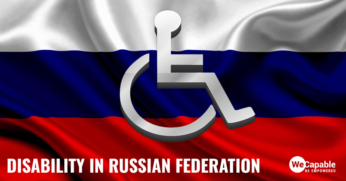 disability in Russia: A wheelchair icon on top of the Russian Federation flag