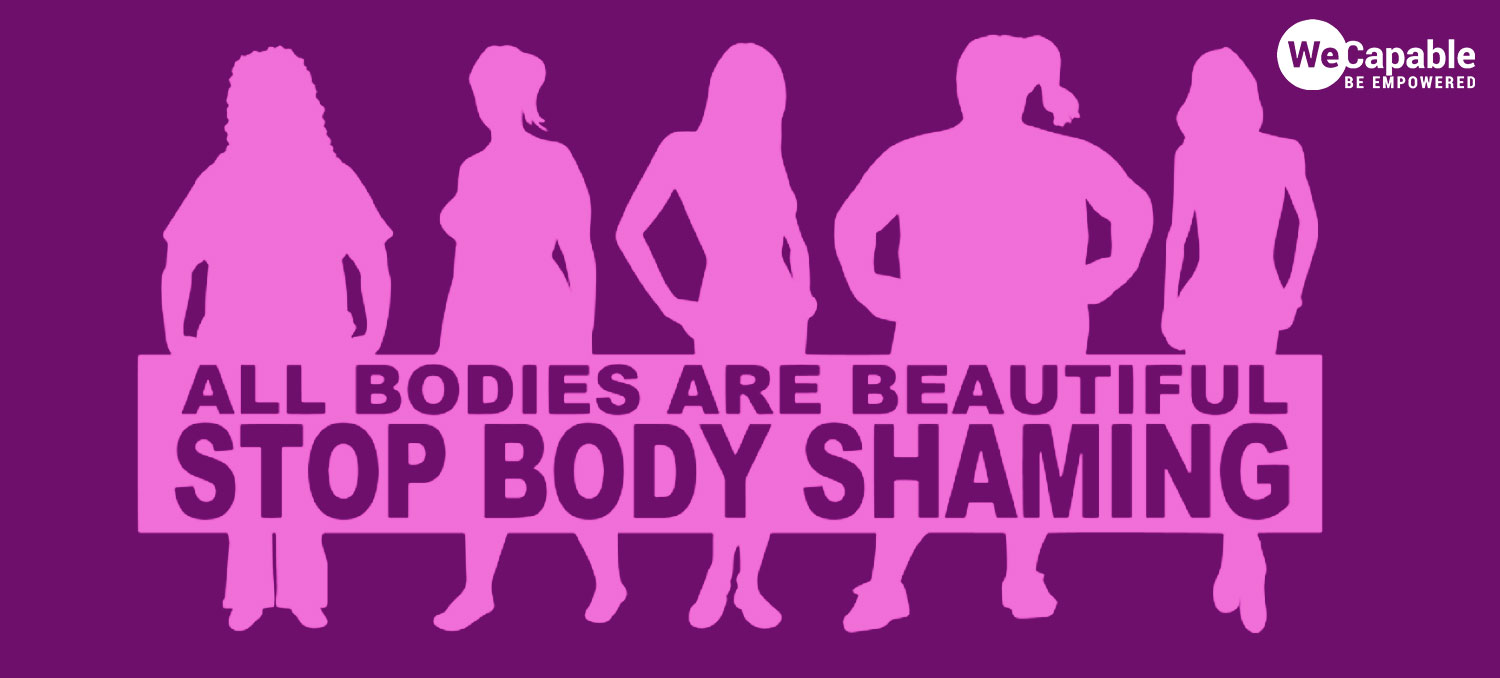 silhouette of various woman body types and a message that all bodies are beautiful and stop body shaming