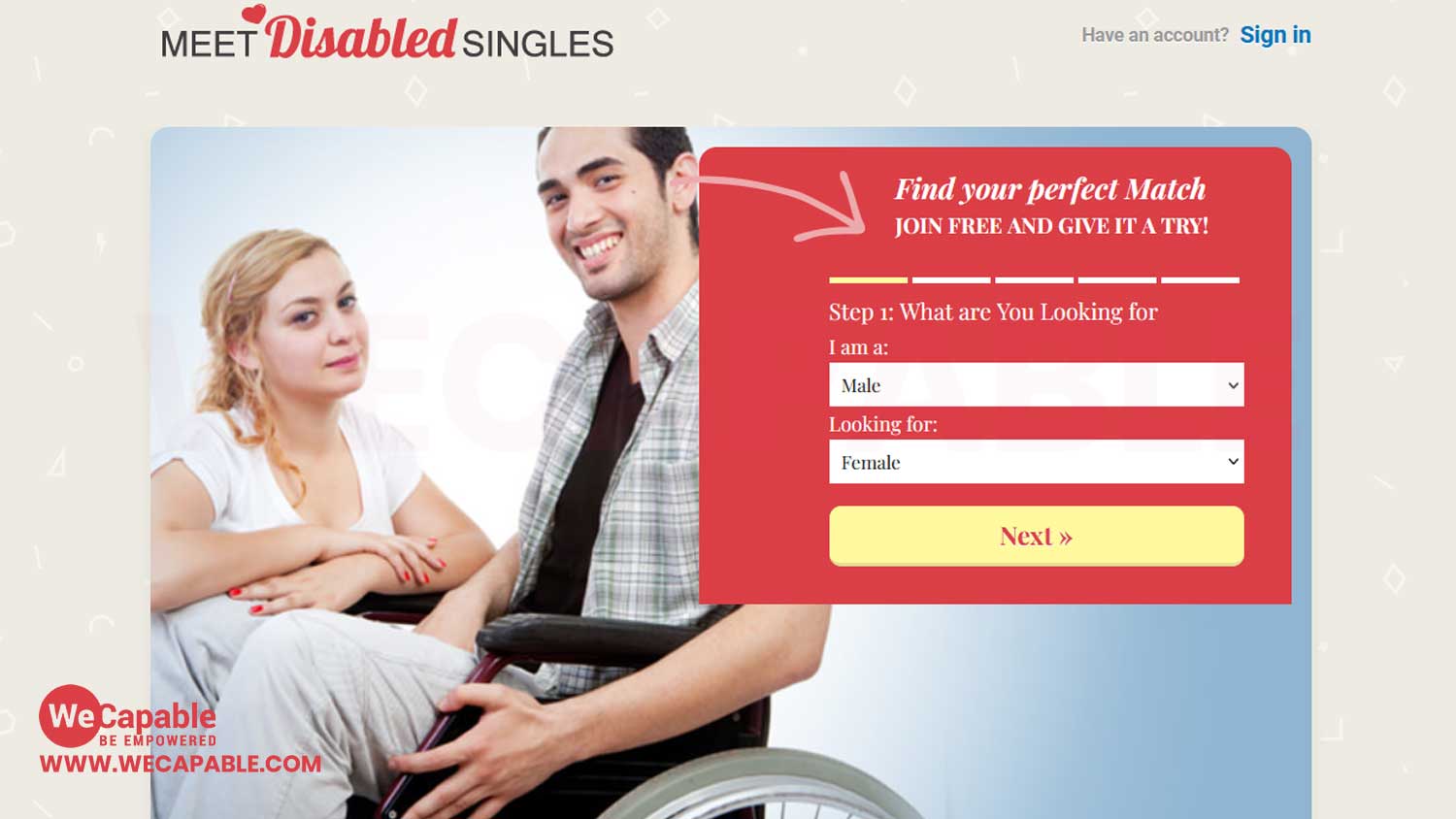 homepage of MeetDisabledSingles.com website. it is one of the best dating websites for the disabled persons.