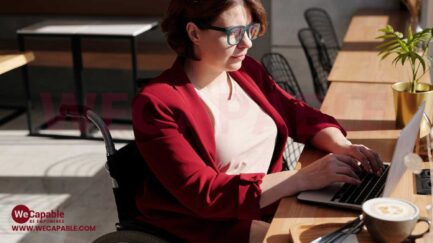 A wheelchair user woman wearing red blazer working on a laptop.