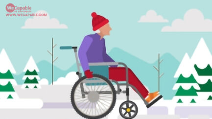 A vector image showing a wheelchair user in winter clothes outside with snow and trees.
