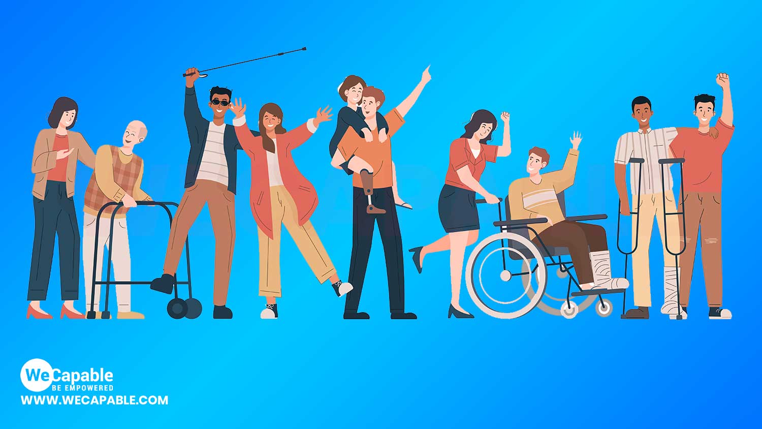 a vector image showing a group of happy persons with disabilities