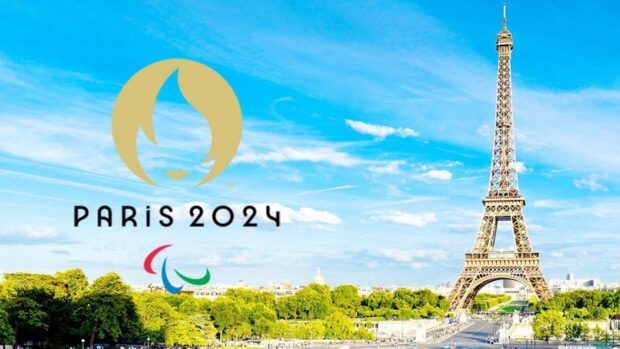 Paris Paralympics 2024 Logo on side of the Eiffel Tower.